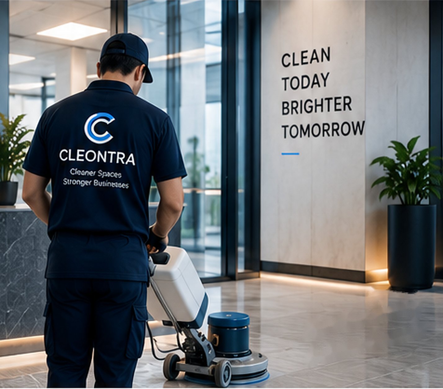 Cleontra cleaner operating a floor scrubber in a modern Sydney office foyer